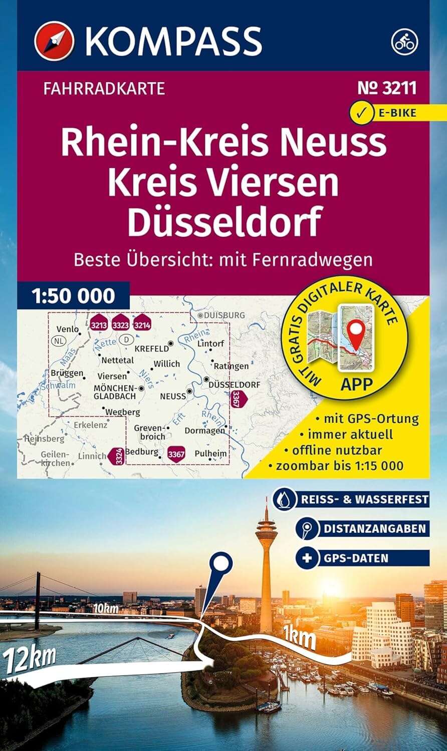 Carte cycliste n° F3211 - Rhein-Kreis Neuss, district de Viersen, Düsseldorf (Allemagne) | Kompass carte pliée Kompass