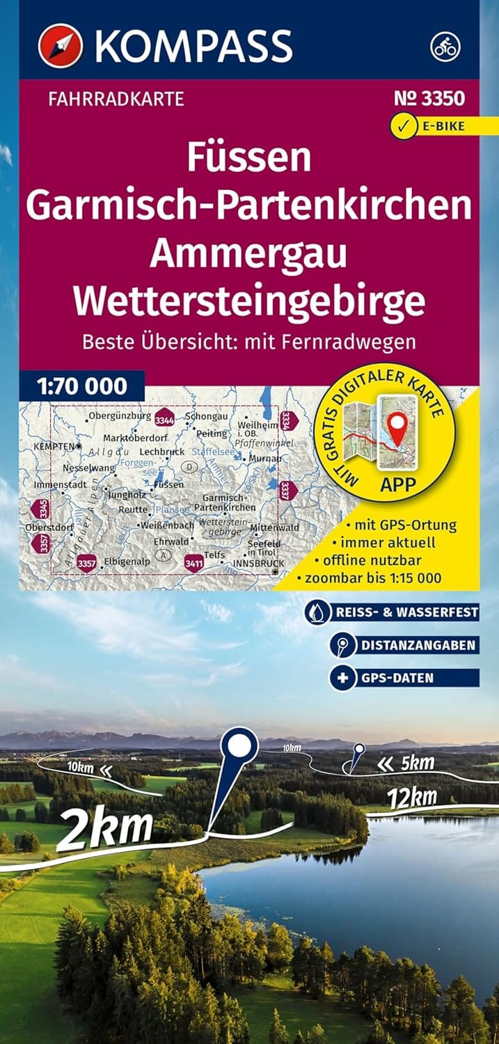 Carte cycliste n° F3350 - Füssen, Garmisch Partenkichten, Ammergau, Wettersteingebirge (Allemagne) | Kompass carte pliée Kompass