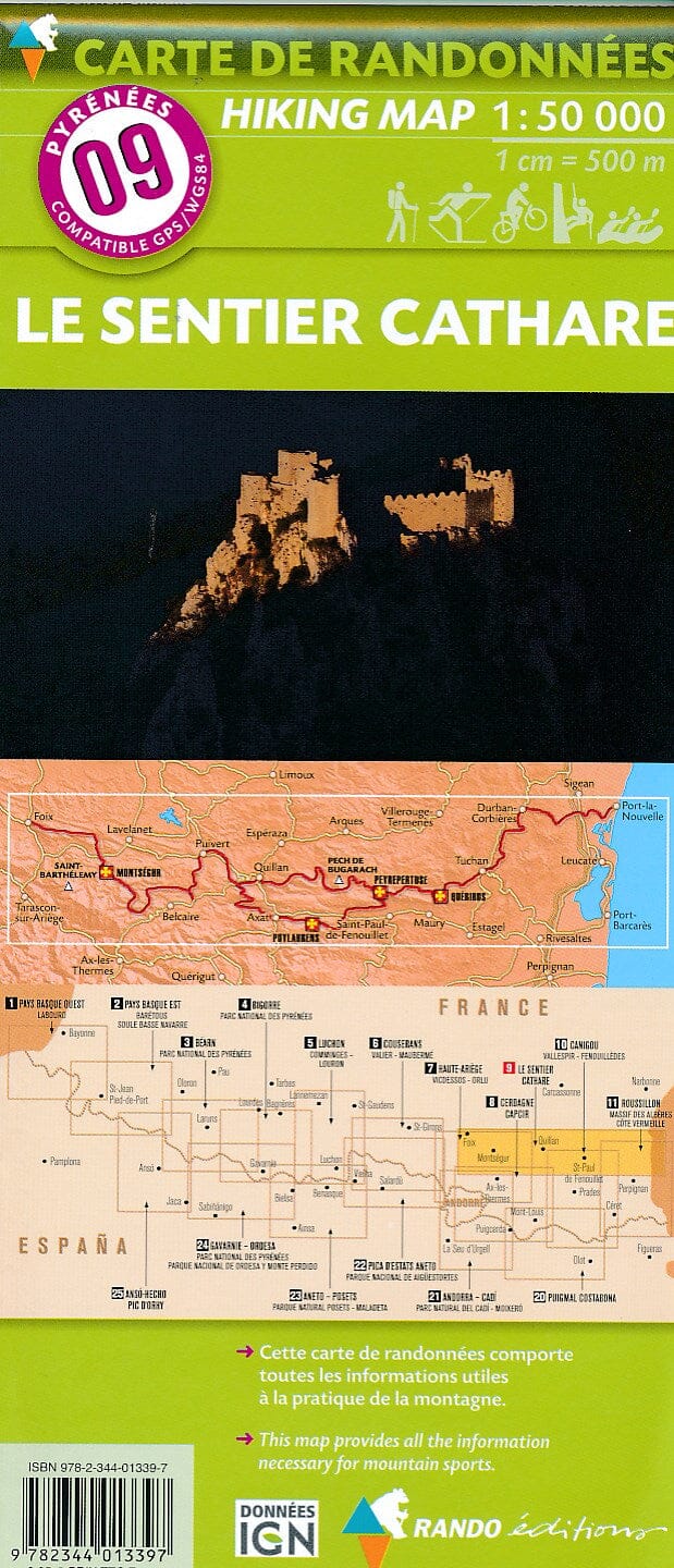 Carte de randonnée n° 9 - Sentier Cathare (Pyrénées Orientales) | Rando Editions carte pliée Rando Editions 