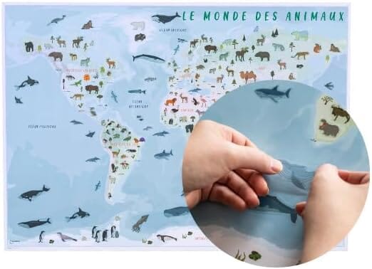 Carte murale plastifiée pour enfants - Monde des animaux (84 x 60 cm), avec 140 autocollants | GeoMetro carte murale petit tube taux réduit GeoMetro 