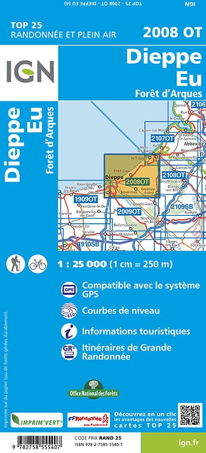 Carte TOP 25 n° 2008 OT - Dieppe, Eu, Forêt d'Arques | IGN carte pliée IGN 