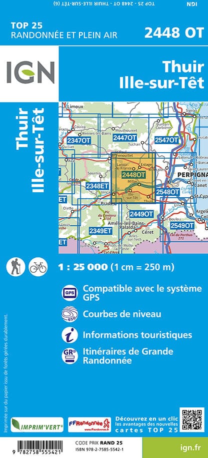 Carte TOP 25 n° 2448 OT - Thuir & Ille-sur-Têt (Pyrénées-Orientales) | IGN carte pliée IGN 