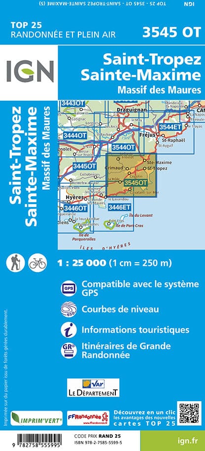 Carte TOP 25 n° 3545 OT - Saint-Tropez, Sainte-Maxime & Massif des Maures | IGN carte pliée IGN 