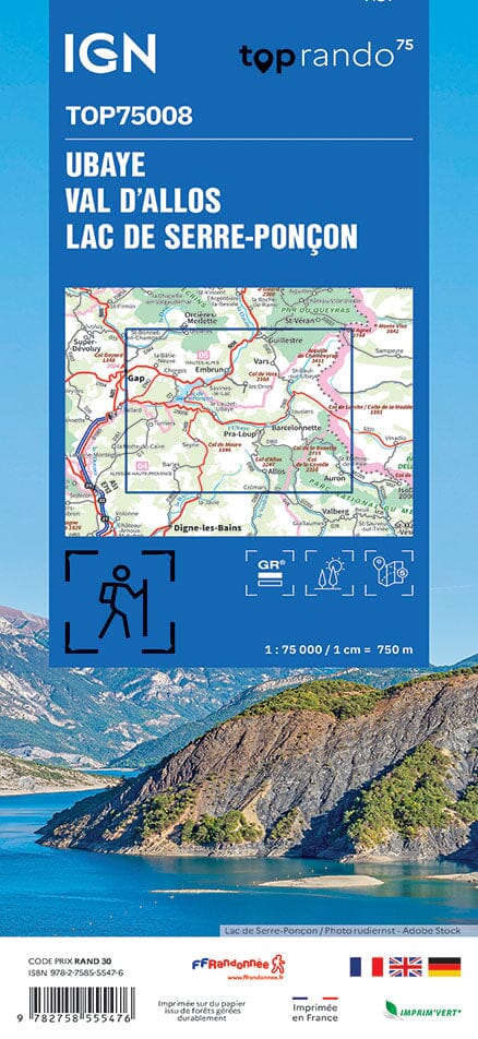 Carte TOP 75 n° 8 - Ubaye, Val d'Allos & lac de Serre-Ponçon (Alpes) | IGN carte pliée IGN 