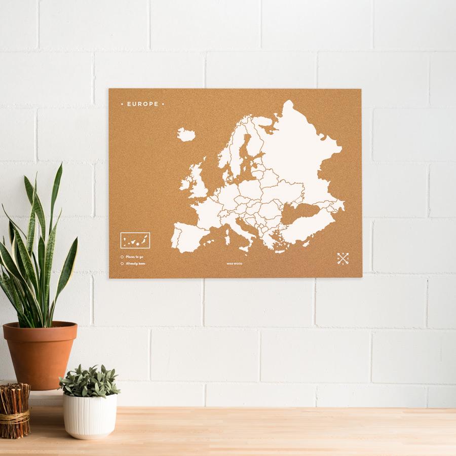 Carte du monde en liège - couleur naturelle, impression blanc