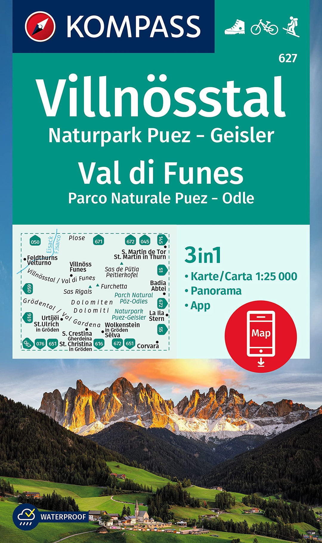 Carte de randonnée n° 627 - Villnösstal, Val di Funes (Italie) | Kompass carte pliée Kompass