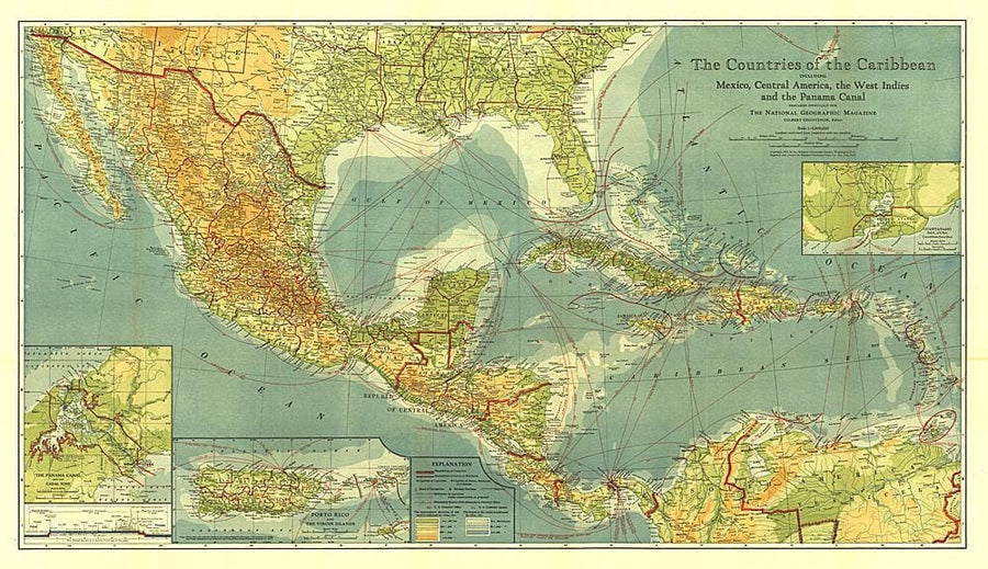 1922 Countries of the Caribbean Map Wall Map 