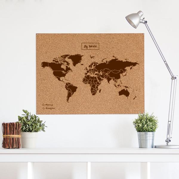 Carte du monde en liège - couleur naturelle, impression brun (90 x