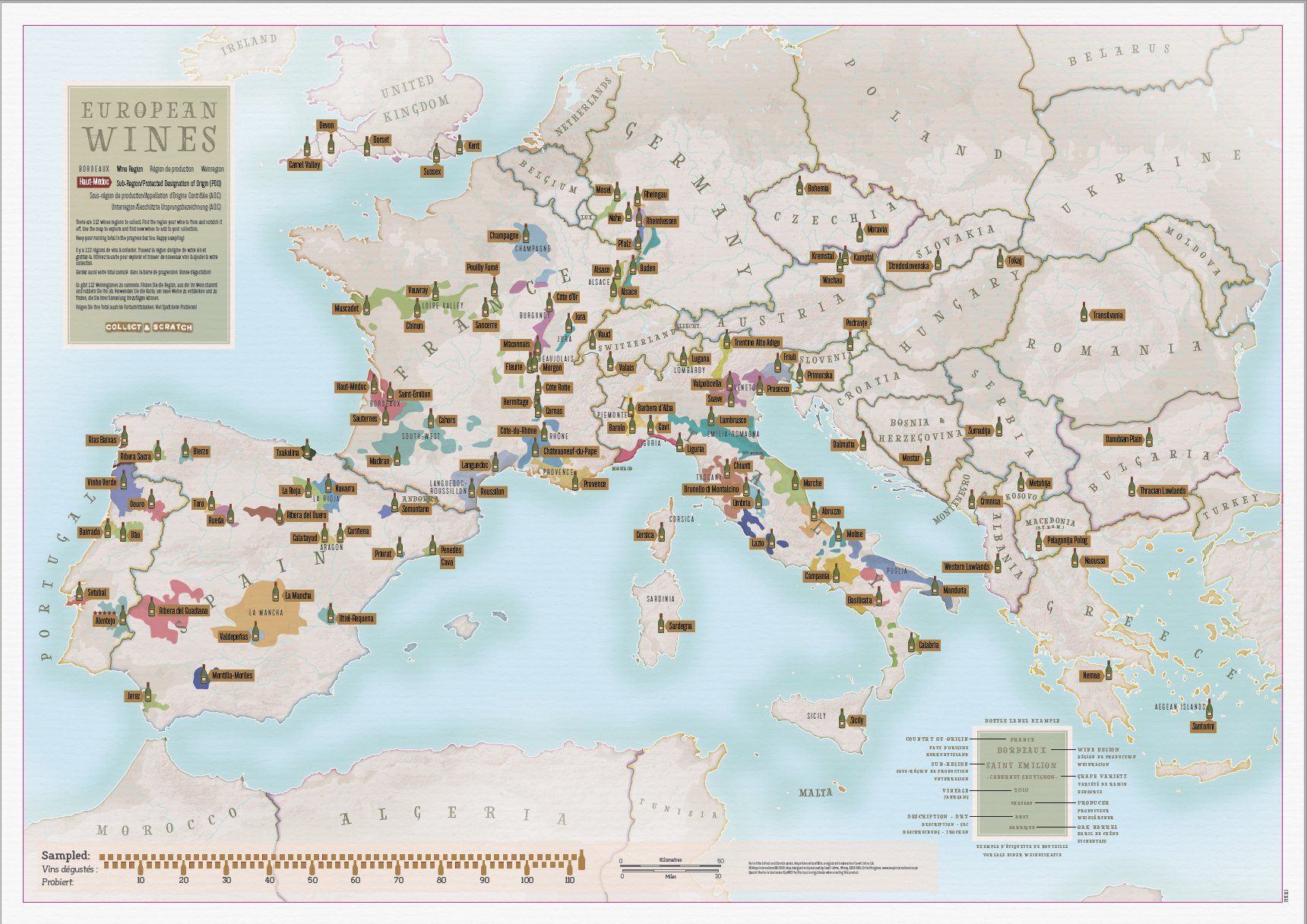 Carte murale à gratter (en anglais) - Les vins européens - 60 x 42