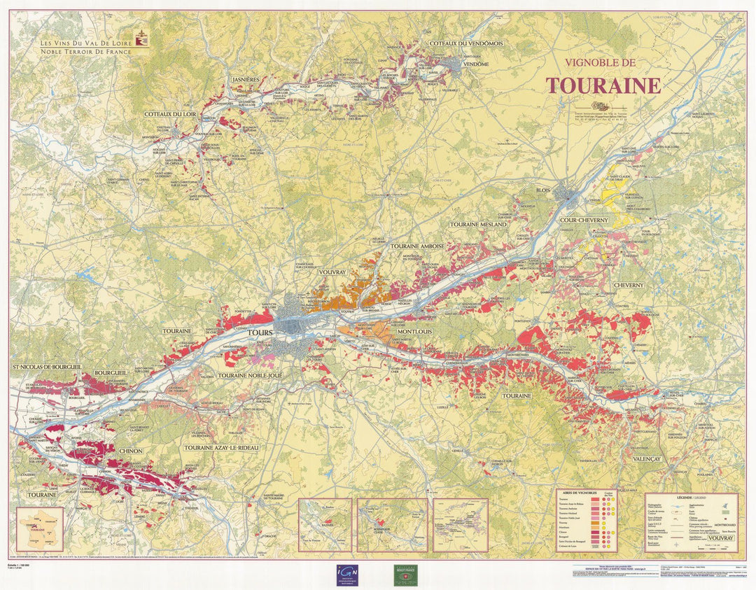 Carte murale plastifiée - Les vins de Touraine | IGN carte murale petit tube IGN 