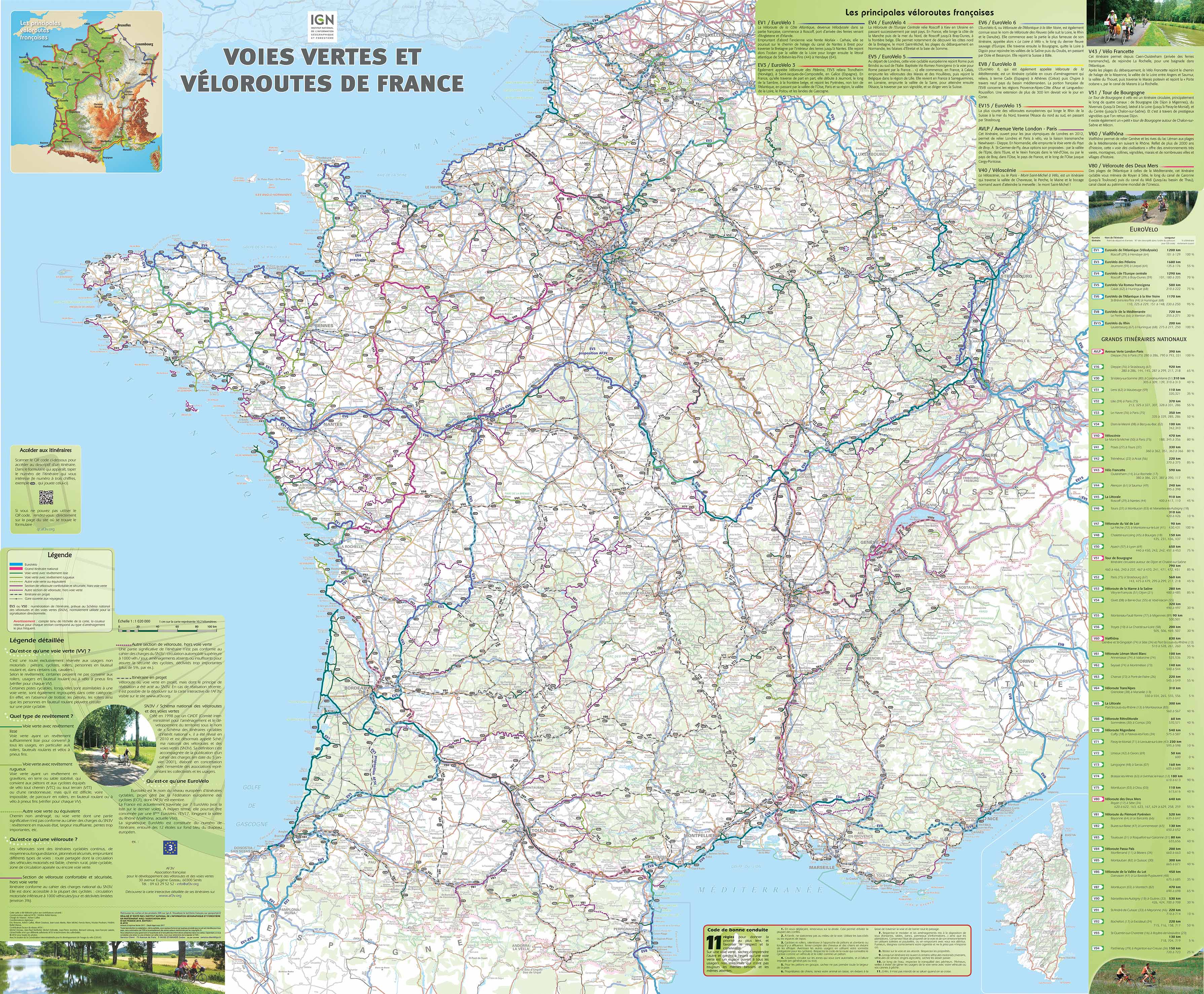 Poster plastifié - Voies vertes et véloroutes de la France (98 x 119 c – La  Compagnie des Cartes - Le voyage et la randonnée