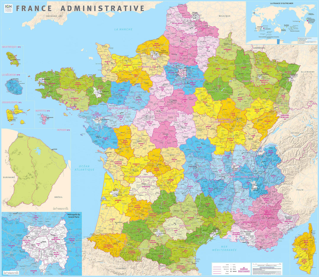 Poster plastifié - France administrative, nouvelles régions (98 x 113 cm) | IGN carte murale petit tube IGN