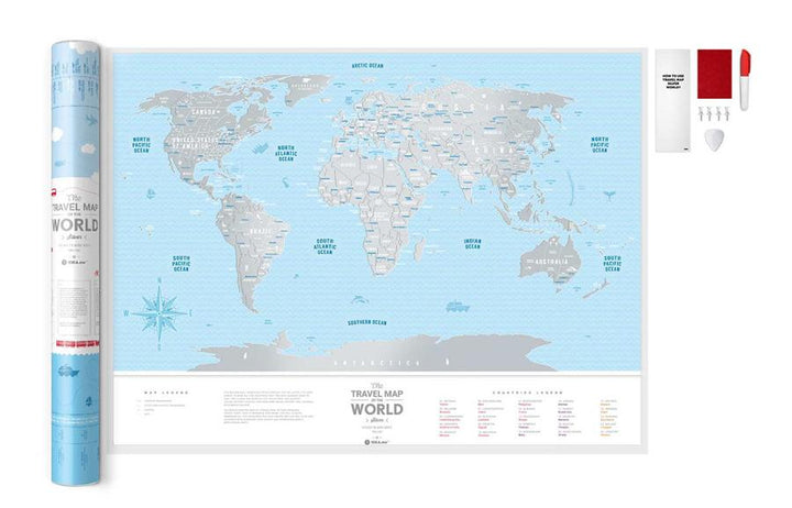 Carte murale à gratter (en anglais) - Travel map of the World, édition Silver (80 x 60 cm) | 1DEA.me