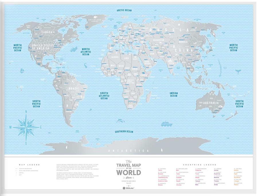 Carte murale à gratter (en anglais) - Travel map of the World, édition Silver (80 x 60 cm) | 1DEA.me