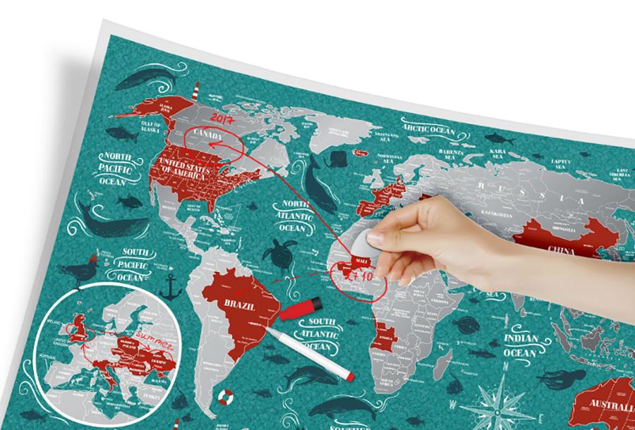 Carte murale à gratter petit format (en anglais) - Travel Map, édition Marine World (60 x 40 cm) | 1DEA.me