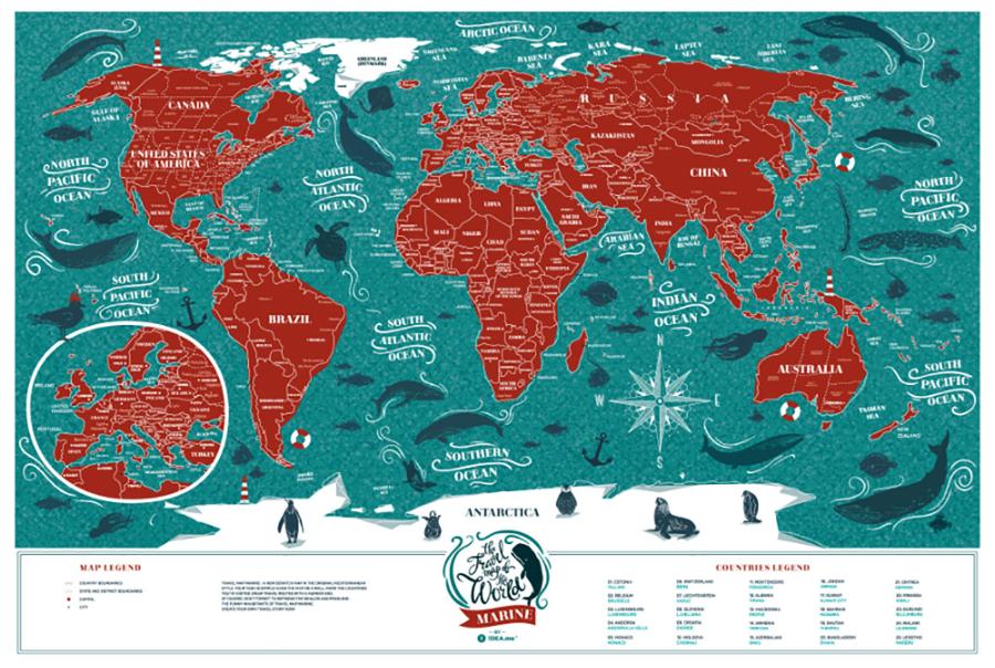 Carte murale à gratter petit format (en anglais) - Travel Map, édition Marine World (60 x 40 cm) | 1DEA.me