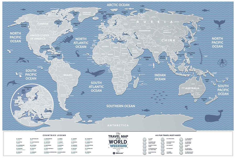 Carte murale à gratter petit format (en anglais) - The travel map of the World, édition Week-end (60 x 40 cm) | 1DEA.me