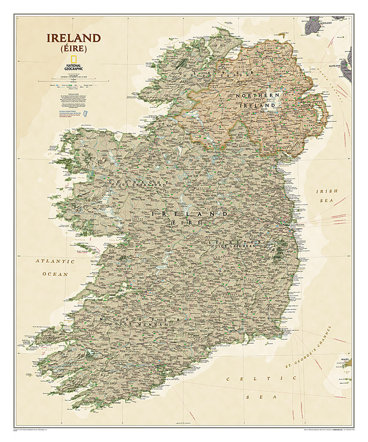 Carte murale plastifiée (en anglais) - Irlande, style antique - 76 x 92 cm | National Geographic