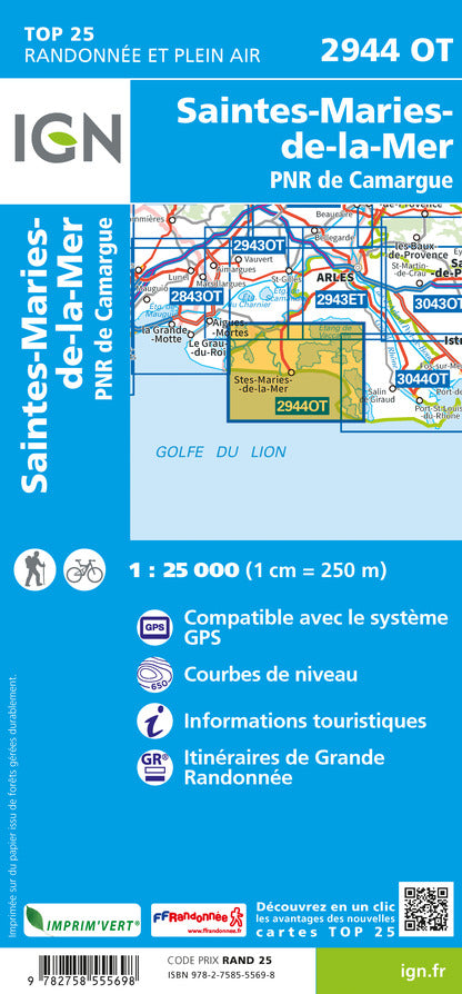 Carte TOP 25 n° 2944 OT - Saintes-Maries-de-la Mer, PNR de Camargue | IGN