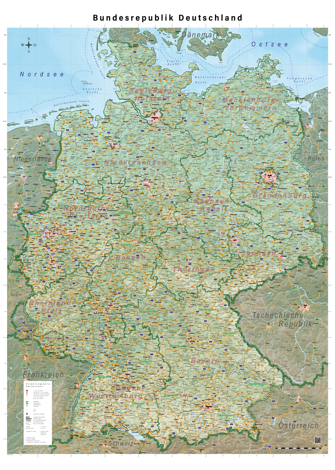 Carte murale plastifiée (en allemand) - Allemagne physique (100 x 140 cm) | GeoMetro
