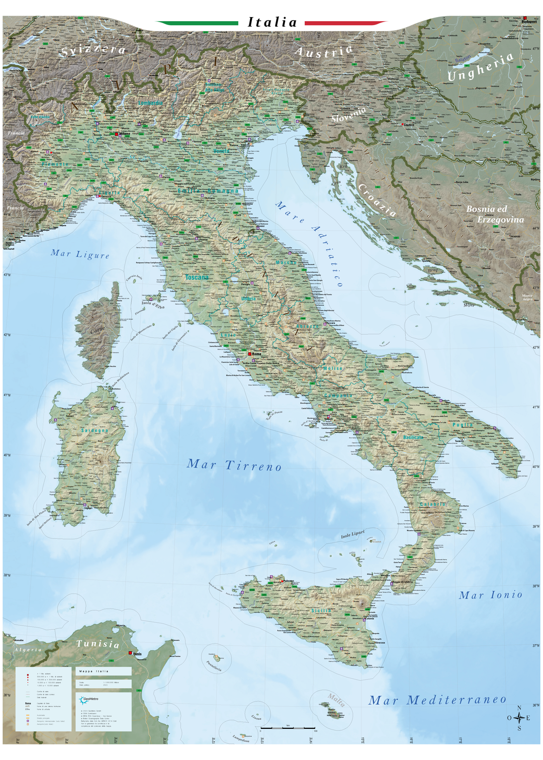 Carte murale plastifiée (en italien) - Italie physique (100 x 140 cm) | GeoMetro