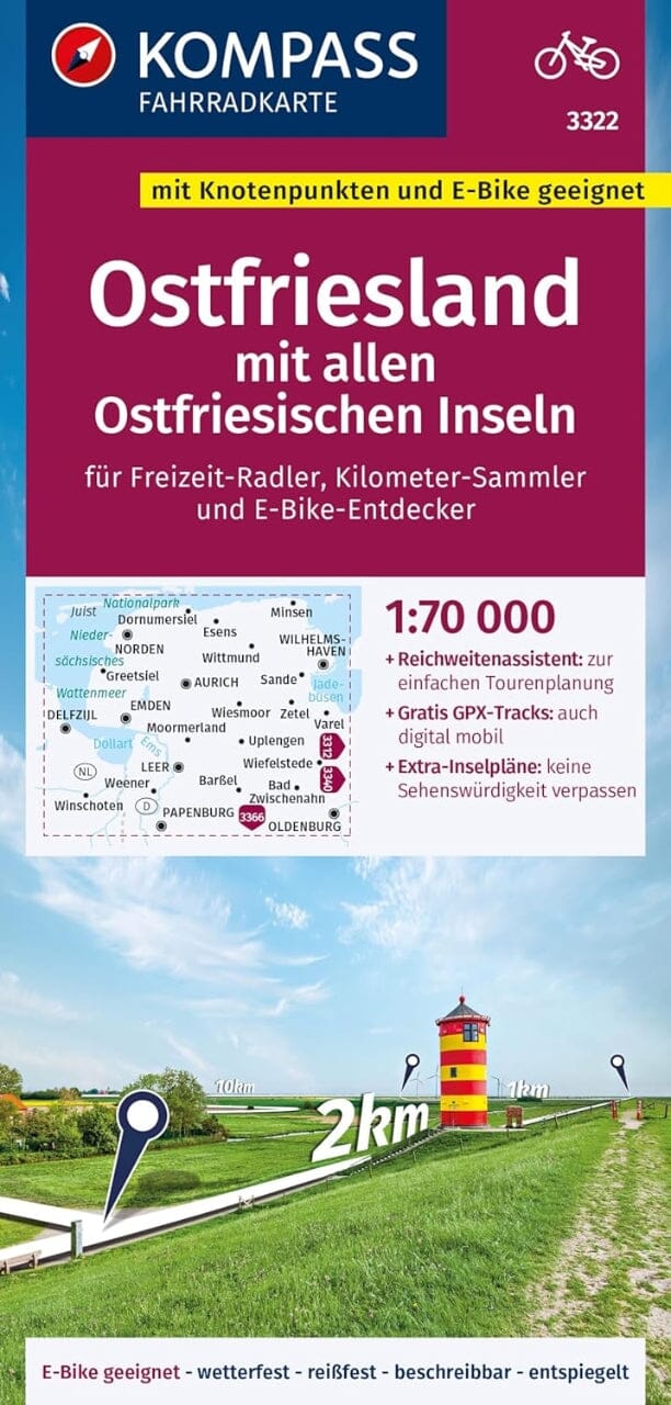 Carte cycliste n° F3322 - Ostfriesland mit allen Ostfriesischen Inseln (Allemagne) | Kompass carte pliée Kompass 