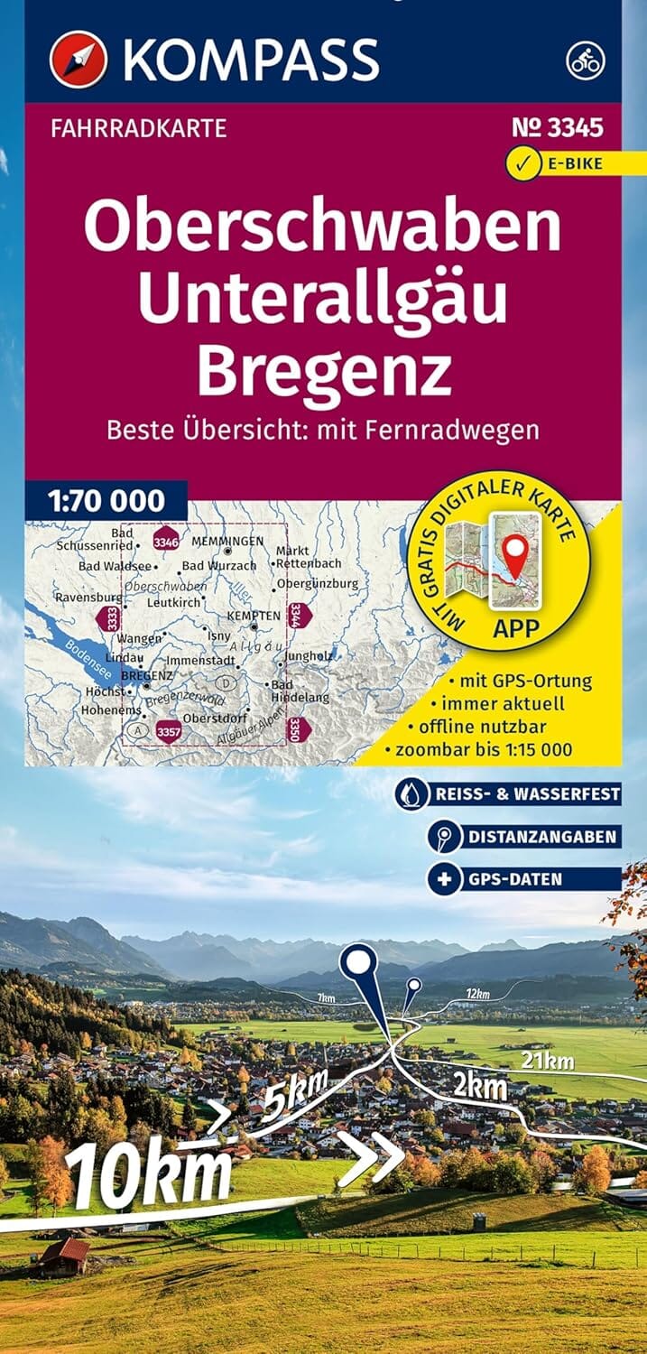 Carte cycliste n° F3345 - Haute-Souabe, Allgäu méridional, Bregenz (Allemagne) | Kompass carte pliée Kompass 
