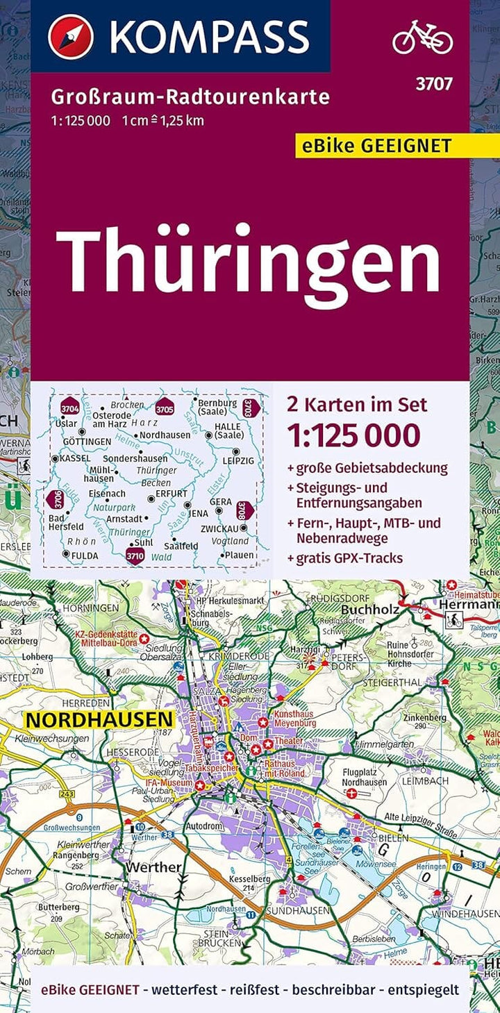 Carte cycliste n° F3707 - Thüringen (Allemagne) | Kompass carte cycliste Kompass 