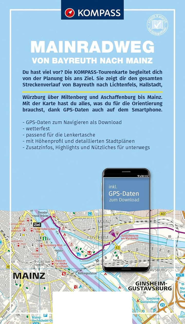 Carte cycliste n° F7003 - Mainradweg, Von Bayreuth nach Mainz | Kompass carte pliée Kompass 