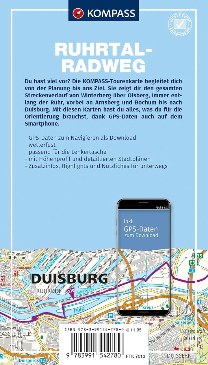 Carte cycliste n° F7013 - Piste cyclable de la vallée de la Ruhr / Ruhrtalradweg Allemagne) | Kompass carte cycliste Kompass 