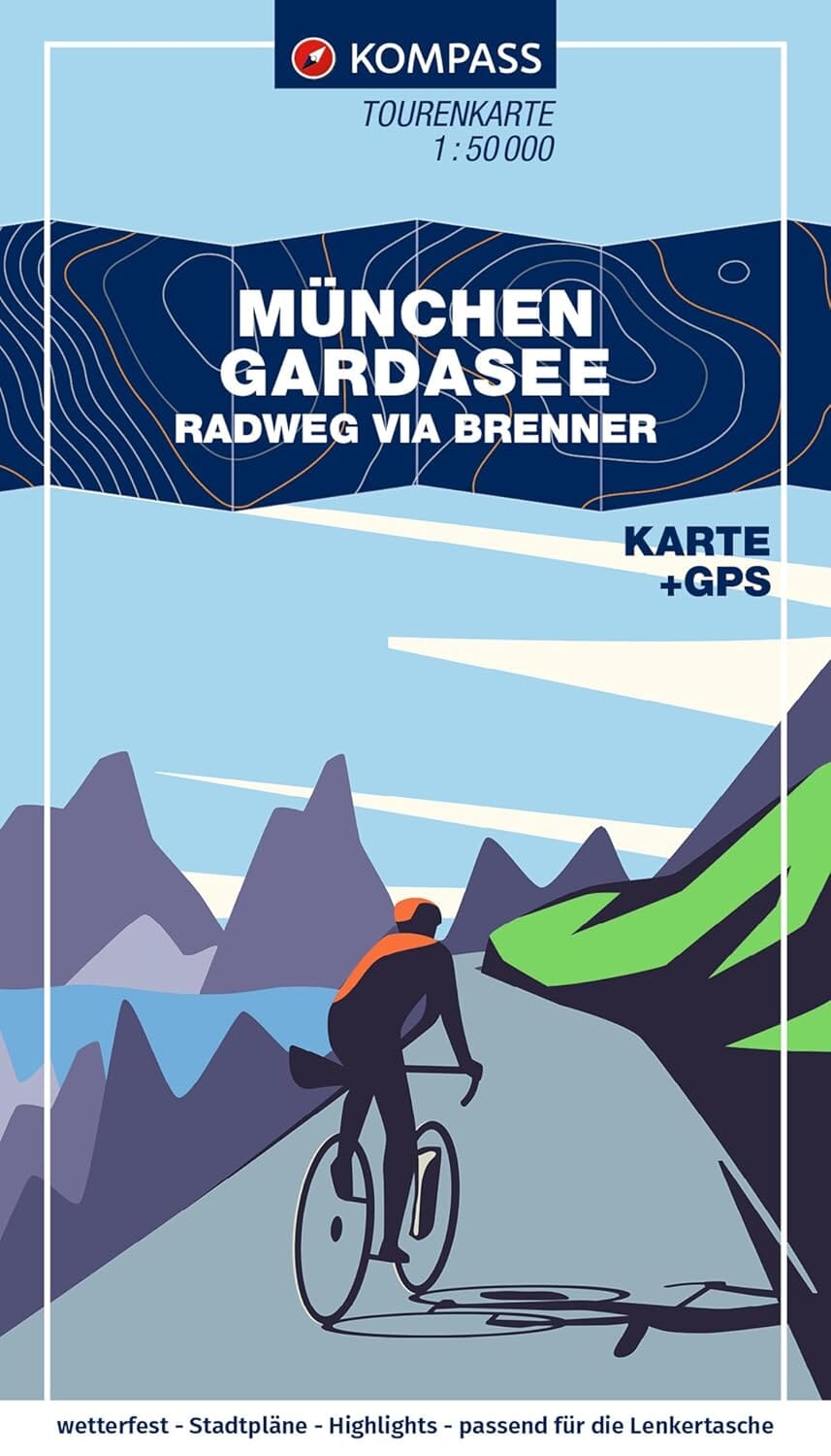 Carte cycliste n° F7060 - Munich – Lac de Garde via le col du Brenner (Bavière, Tyrol, Sud Tyrol) | Kompass carte cycliste Kompass 
