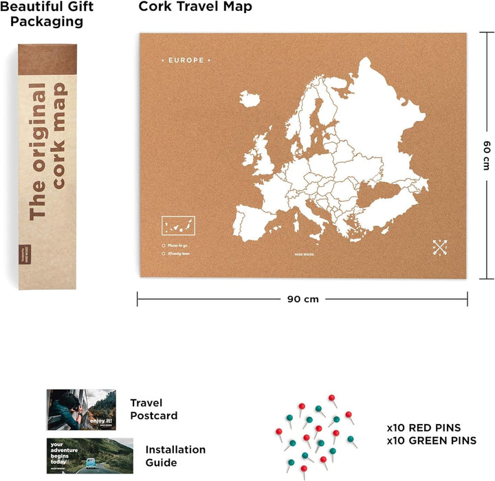 Carte de l'Europe en liège - couleur naturelle, impression blanc - Taille XL (90 x 60 cm) | Miss Wood carte murale petit tube Miss Wood 
