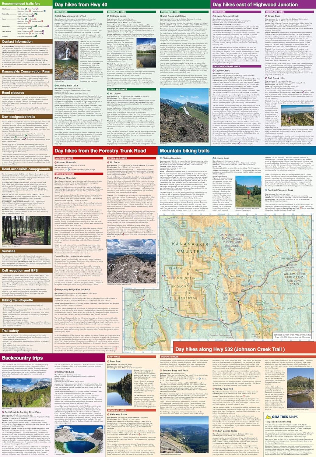 Carte de randonnée - Highwood & Cataract Creek, South Kananaskis Country (Alberta, Colombie Bitannique) | Gem Trek carte pliée Gem Trek Publishing 