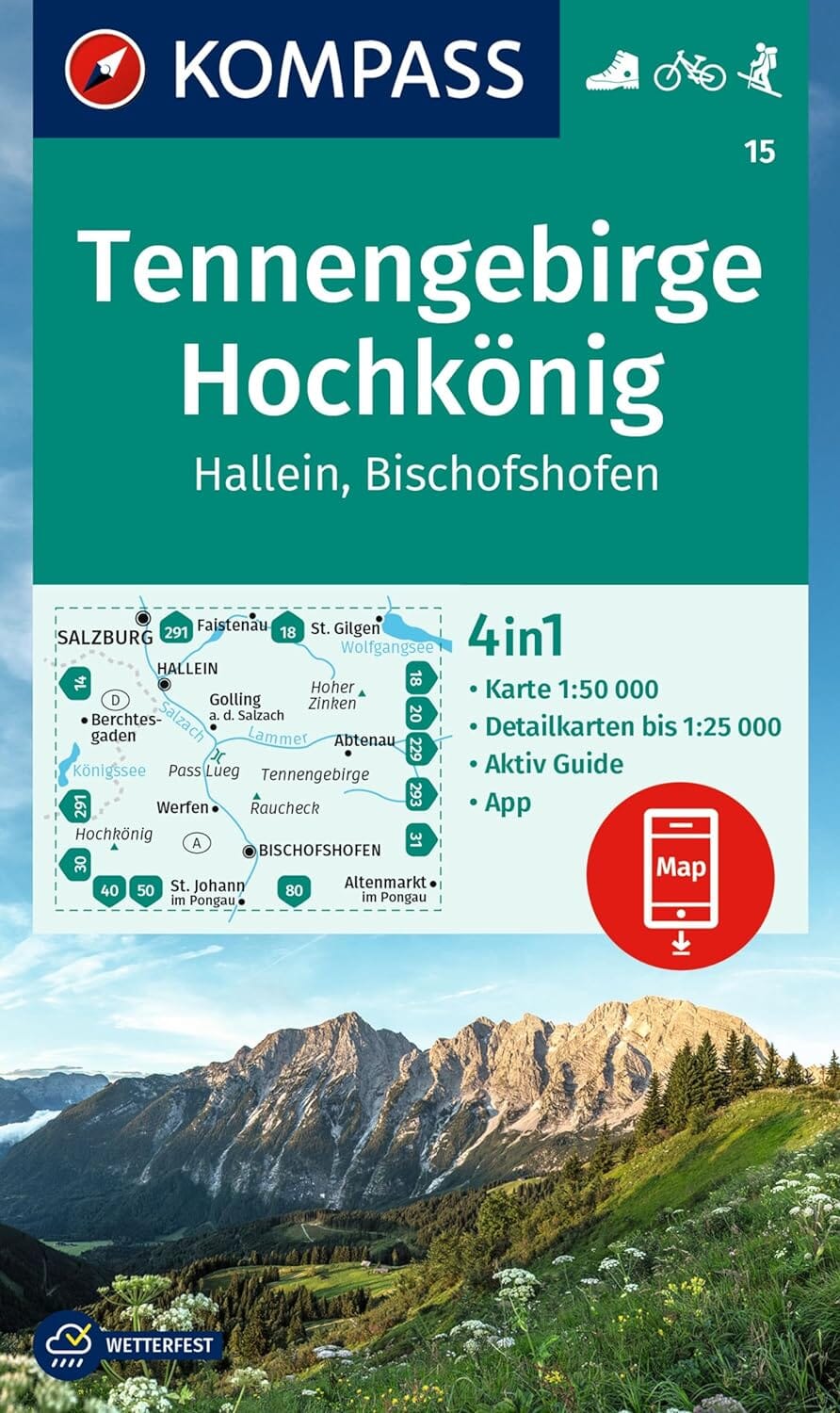 Carte de randonnée n° 015 - Massif de Tennen, Hochkönig (Autriche) | Kompass carte pliée Kompass 