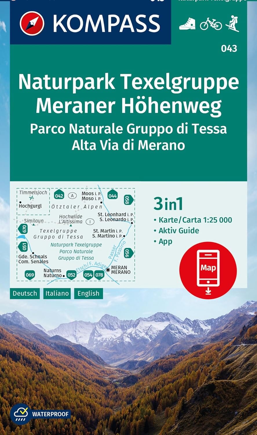 Carte de randonnée n° 043 - Texelgruppe NP, Meraner Höhenweg (Tyrol du Sud) | Kompass carte pliée Kompass 