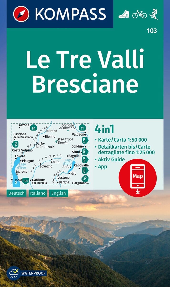 Carte de randonnée n° 103 - Le Tre Valli Bresciane (Italie) | Kompass carte pliée Kompass 