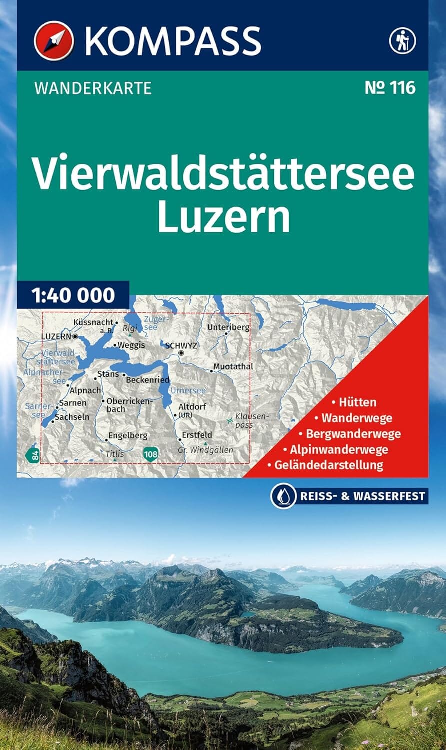 Carte de randonnée n° 116 - Lac de Vierwaldstatter, Lucerne (Suisse) | Kompass carte pliée Kompass 