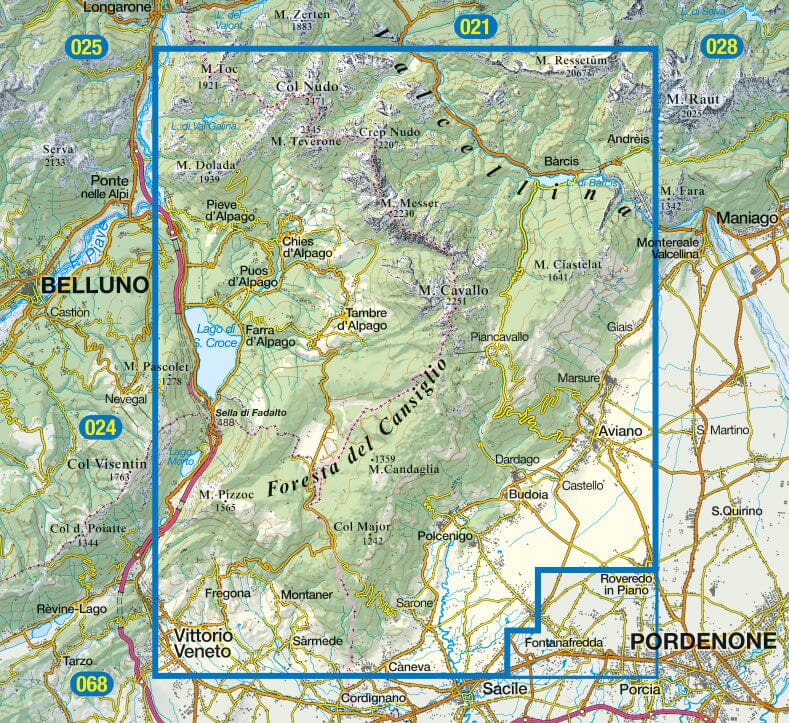 Carte de randonnée n° 12 - Alpago, Cansiglio, Piancavallo et Valcellina (Dolomites, Italie) | Tabacco carte pliée Tabacco 