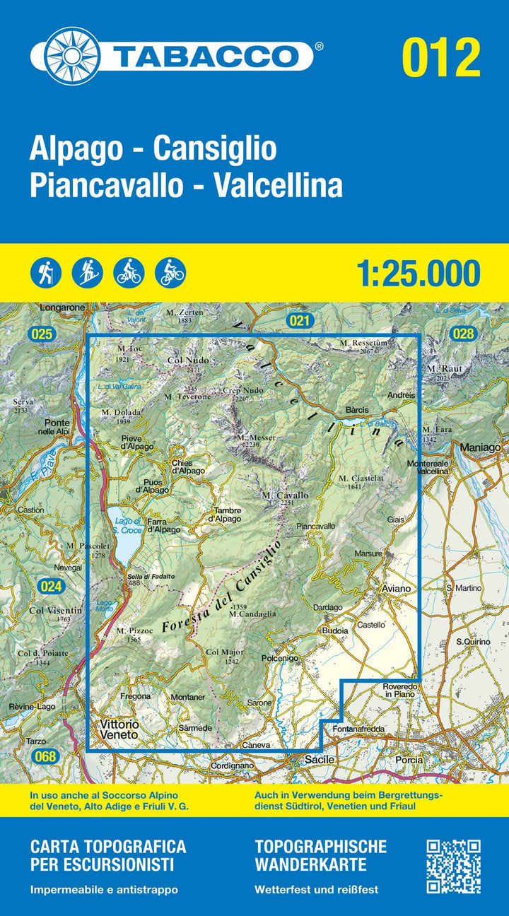 Carte de randonnée n° 12 - Alpago, Cansiglio, Piancavallo et Valcellina (Dolomites, Italie) | Tabacco carte pliée Tabacco 