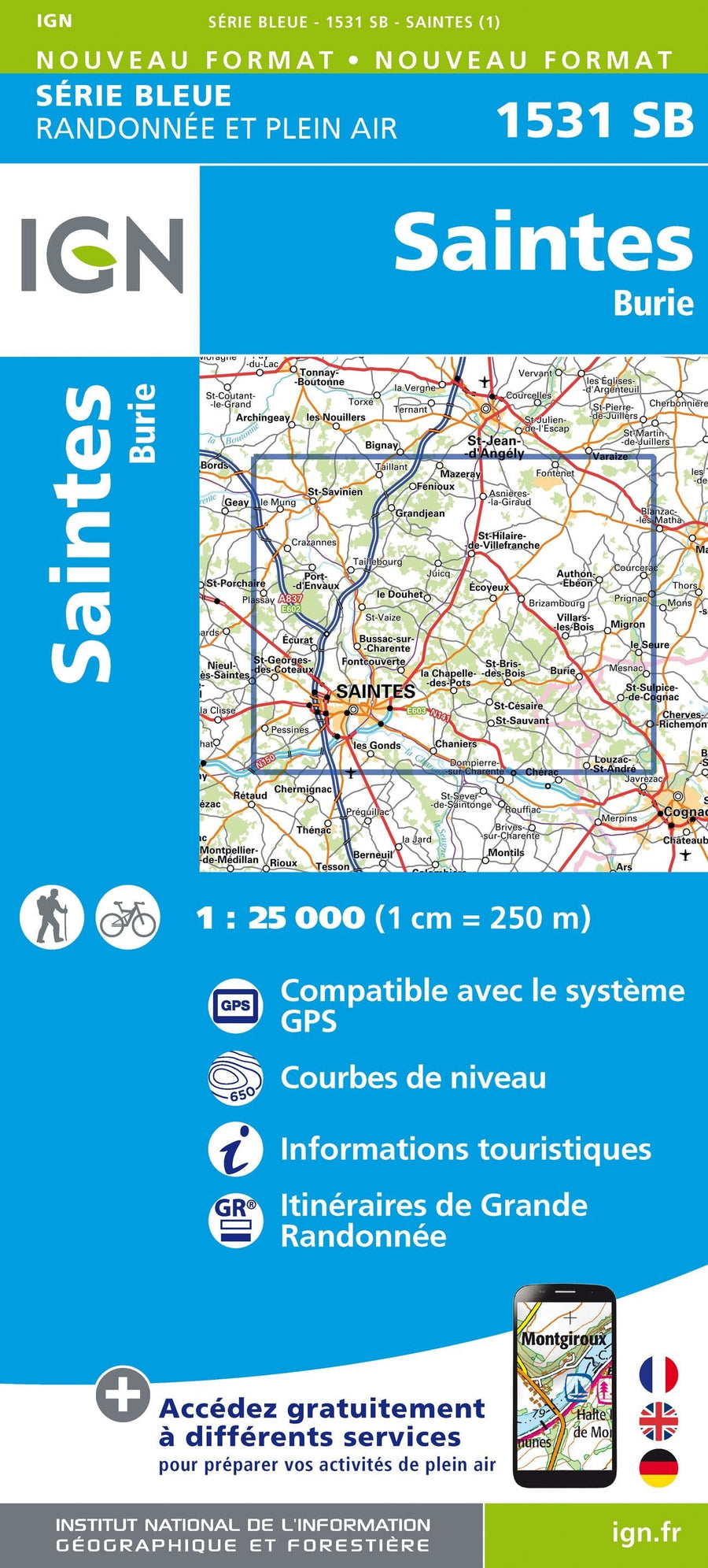Carte de randonnée n° 1531 - Saintes, Burie - VERSION MURALE ET PLASTIFIEE | IGN - Série Bleue carte murale hors dimensions IGN 