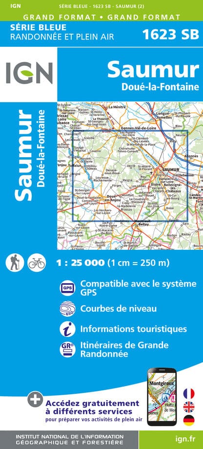 Carte de randonnée n° 1623 - Saumur, Doué-la-Fontaine | IGN - Série Bleue carte pliée IGN 