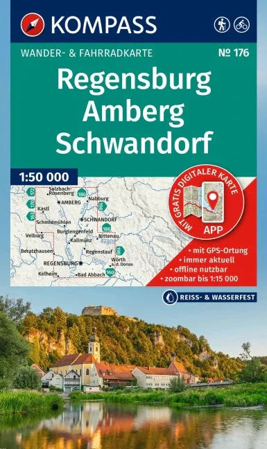 Carte de randonnée n° 176 - Regensburg, Amberg, Schwandorf (Allemagne) | Kompass carte pliée Kompass 