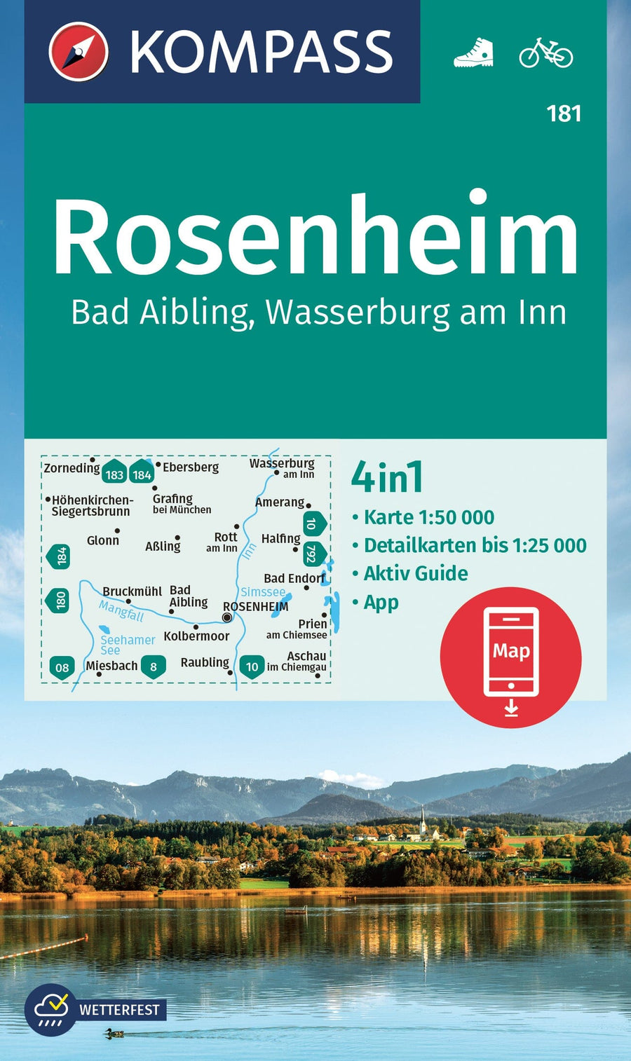 Carte de randonnée n° 181 - Rosenheim - Bad Aibling, Wasserburg am Inn (Bavière) | Kompass carte pliée Kompass 