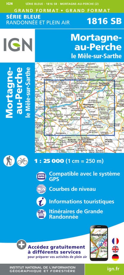 Carte de randonnée n° 1816 - Mortagne-au-Perche, Mêle-sur-Sarthe | IGN - Série Bleue carte pliée IGN 