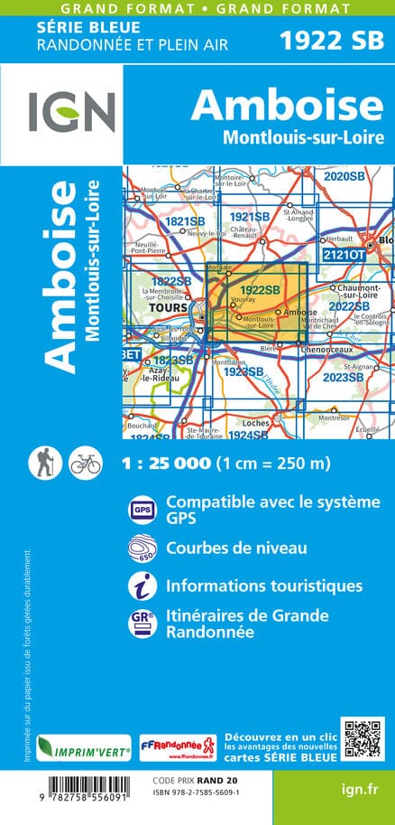 Carte de randonnée n° 1922 - Amboise, Montlouis-sur-Loire | IGN - Série Bleue carte pliée IGN 