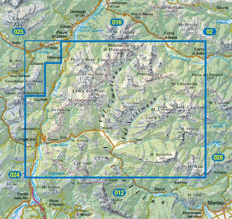 Carte de randonnée n° 21 - Vallées Cellina, Settimana et Cimoliana | Tabacco carte pliée Tabacco 