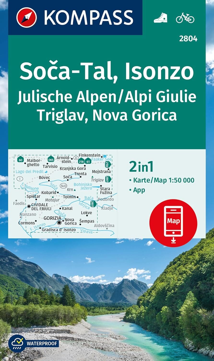 Carte de randonnée n° 2804 - Soca-Tal, Isonzo, Alpi Giulie / Julische Alpen, Triglav, Nova Gorica (Slovénie) | Kompass carte pliée Kompass 