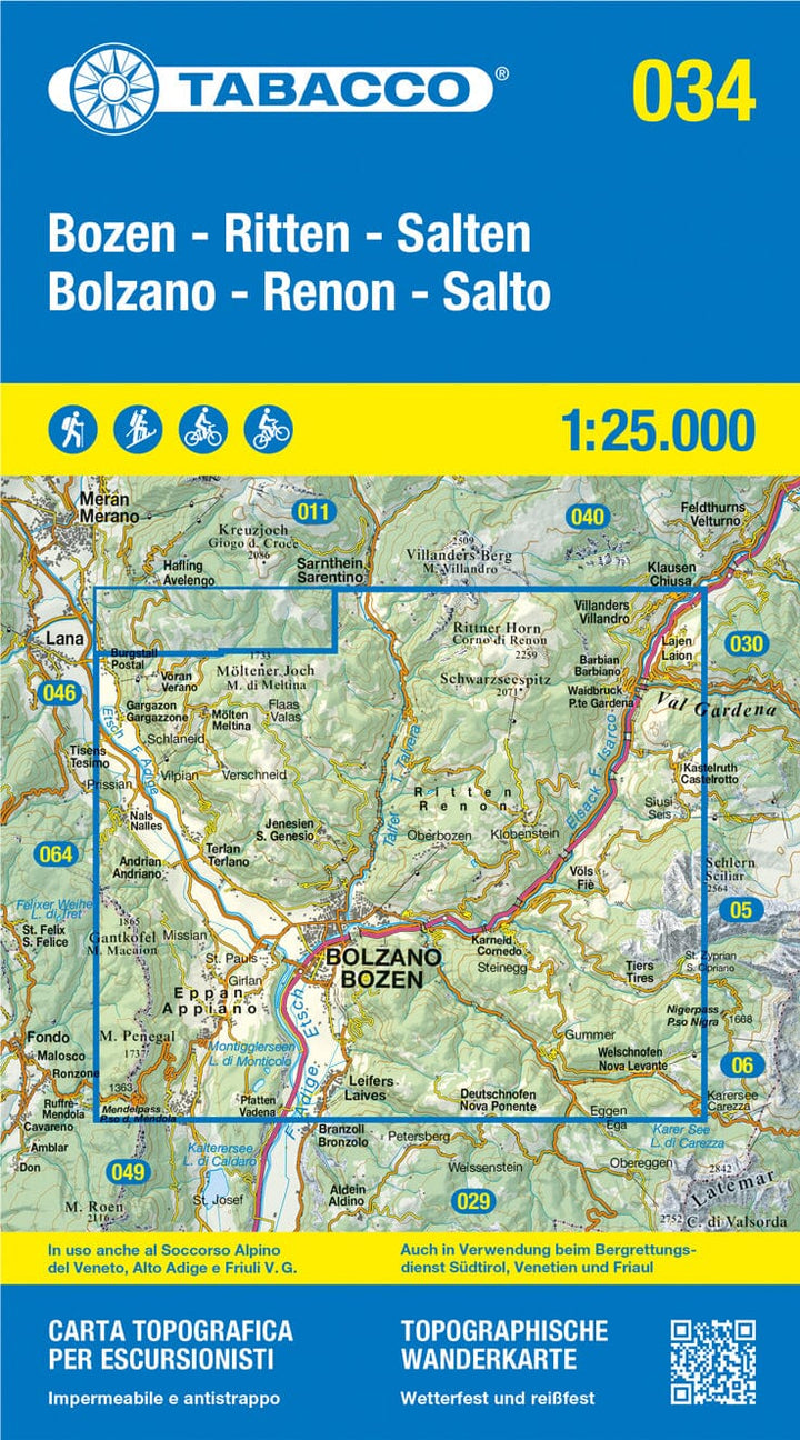 Carte de randonnée n° 34 - Bolzano et Renon (Italie) | Tabacco carte pliée Tabacco 