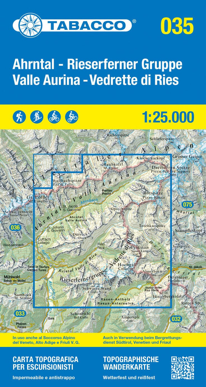 Carte de randonnée n° 35 - Vallée Aurina et parc naturel Vedrette di Ries (Italie) | Tabacco carte pliée Tabacco 