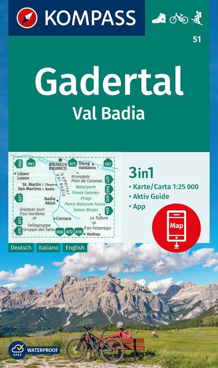 Carte de randonnée n° 51 - Gadertal, Val Badia (Italie) | Kompass carte pliée Kompass 